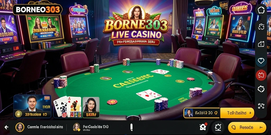 Screenshot gameplay BORNEO303 menampilkan dealer langsung dan pemain yang berinteraksi.