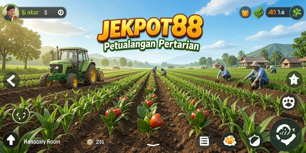 Screenshot JEKPOT88 menunjukkan aktivitas bertani yang seru dan interaktif.