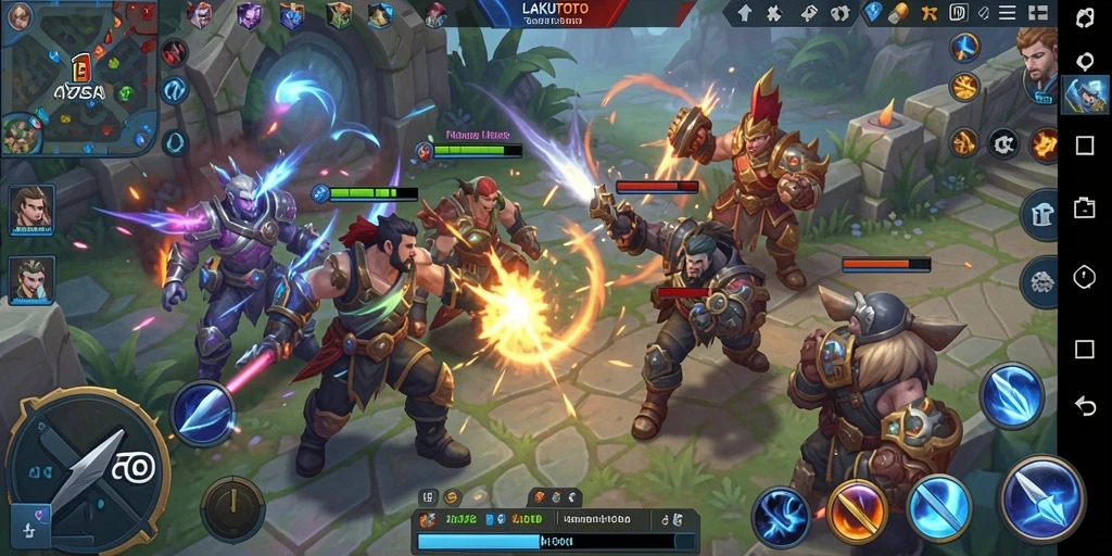Gambar permainan LAKUTOTO menampilkan pertempuran seru dalam gaya MOBA.