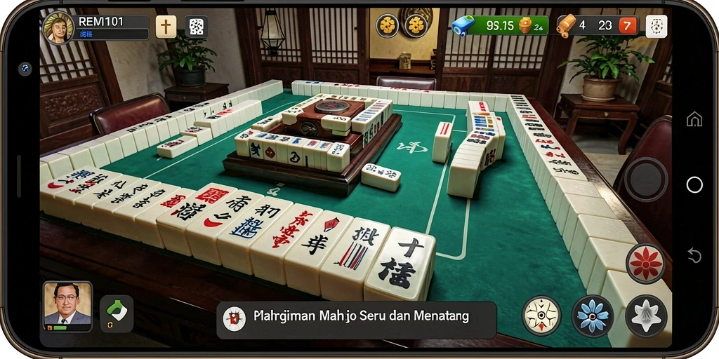 Screenshot REMI101 menampilkan gameplay Mahjong yang menarik dan interaktif.