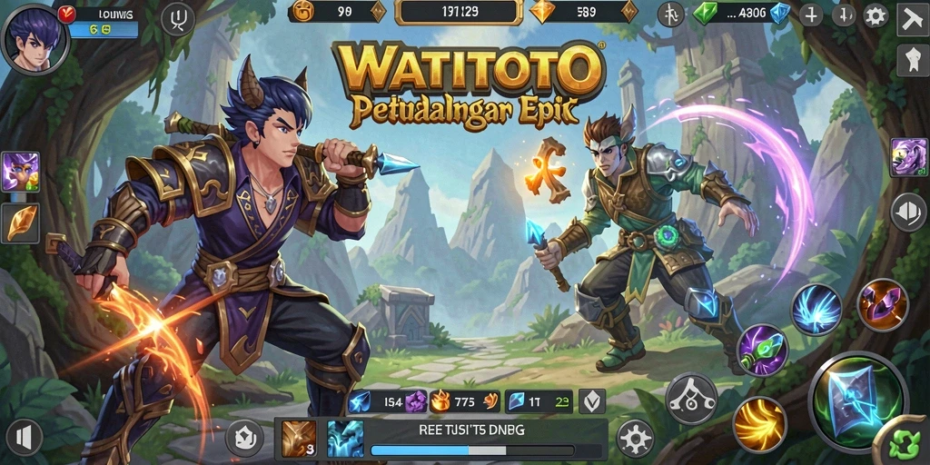 Tangkapan layar gameplay WATITOTO yang menggambarkan pertempuran dinamis.